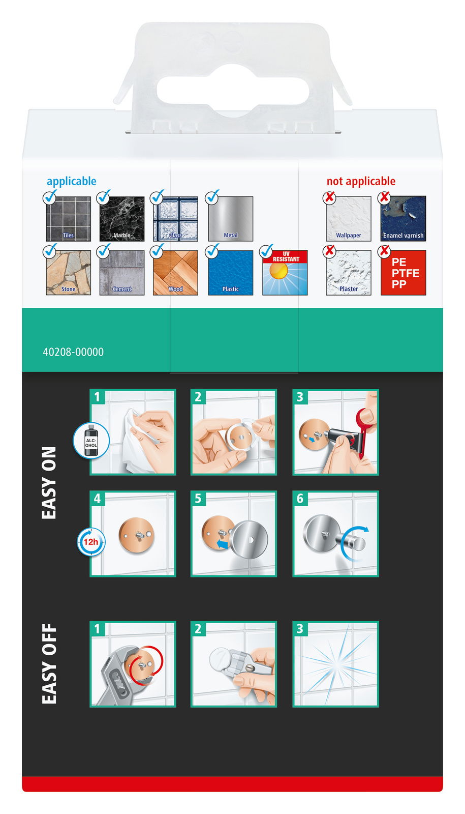Verpackung des tesa Aluxx Seifenkorbs mit Anleitungen zur einfachen Montage und Demontage, geeignet für verschiedene Oberflächen wie Fliesen, Marmor und Glas. Perspektive: Vorderansicht der Verpackung.