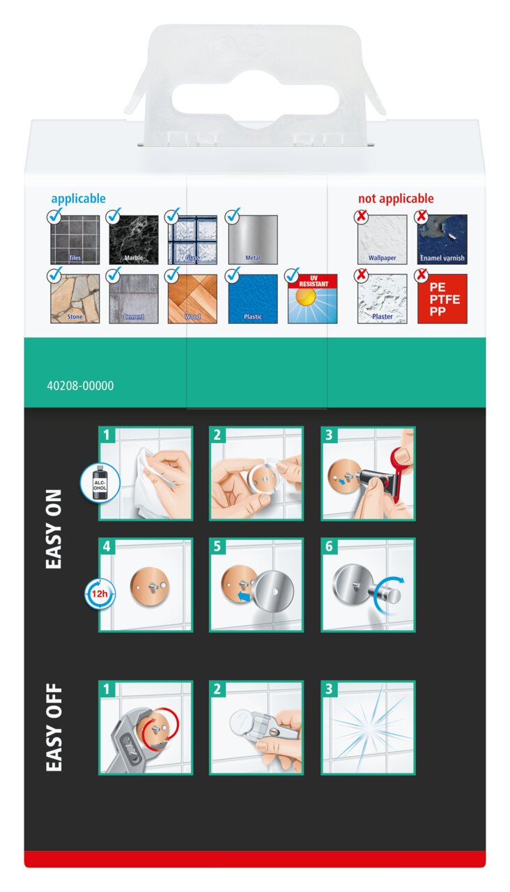 Verpackung des tesa Aluxx Seifenkorbs mit Anleitungen zur einfachen Montage und Demontage, geeignet für verschiedene Oberflächen wie Fliesen, Marmor und Glas. Perspektive: Vorderansicht der Verpackung.
