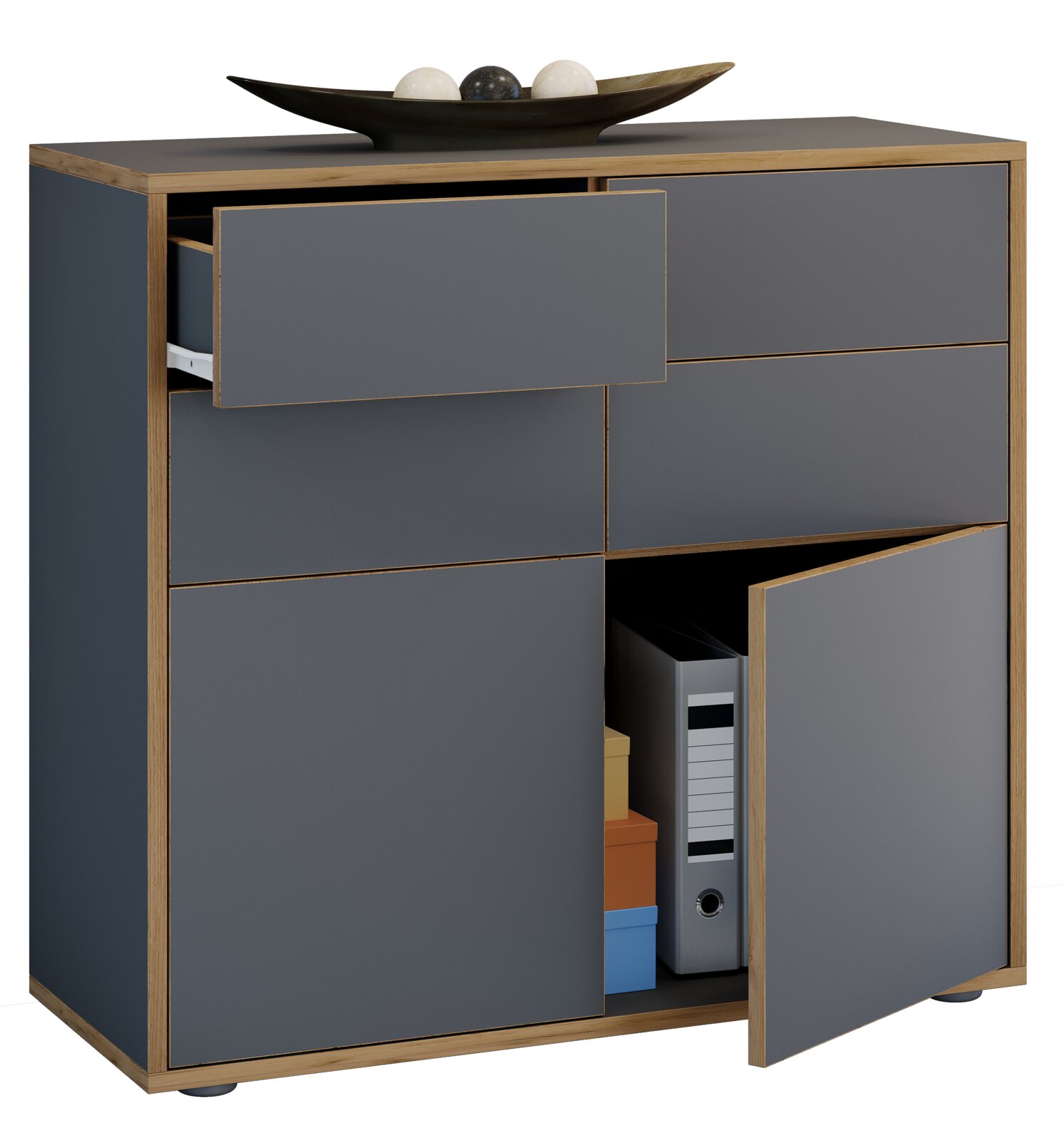 Moderne Kommode/Sideboard in Anthrazit mit Holzrahmen, Schublade und Tür geöffnet, Blick schräg von vorne rechts