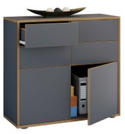 Moderne Kommode/Sideboard in Anthrazit mit Holzrahmen, Schublade und Tür geöffnet, Blick schräg von vorne rechts