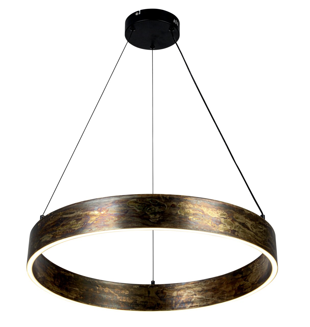 Moderne LED-hanglamp in ringvorm met antieke afwerking, gezien van onderaf.