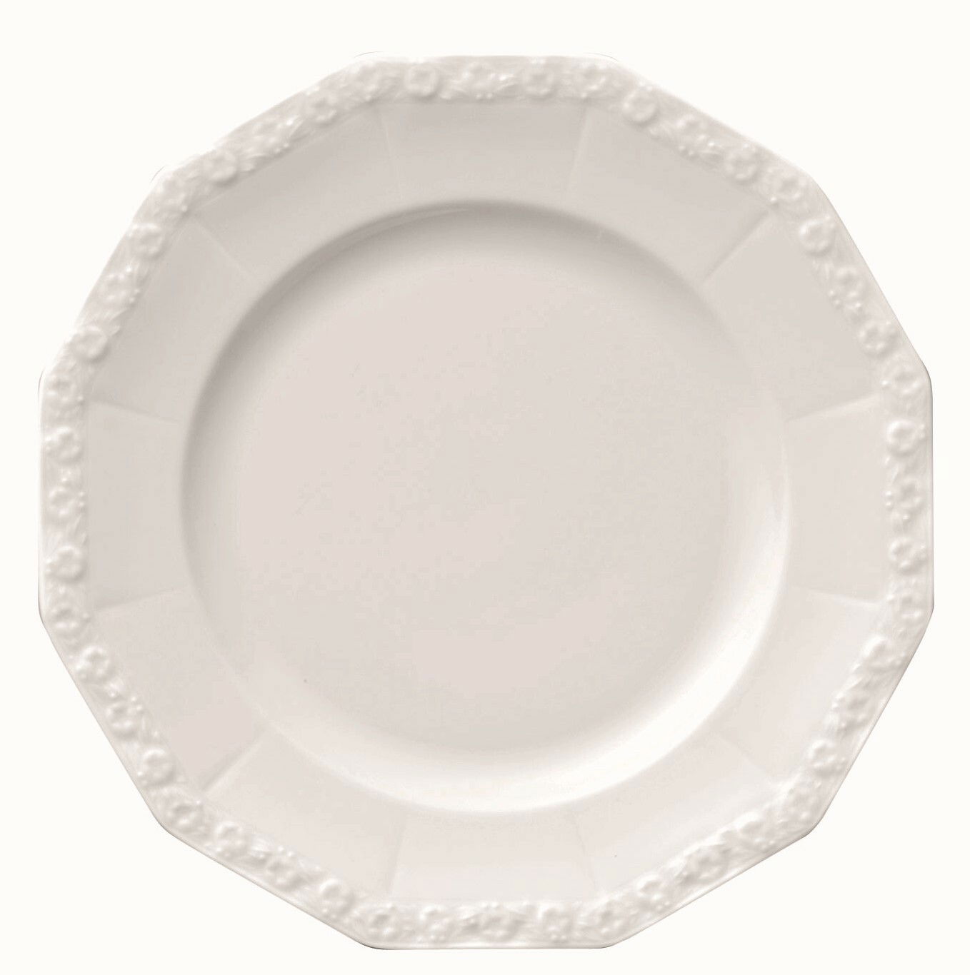 Weißer Teller mit floralem Randmuster, Draufsicht