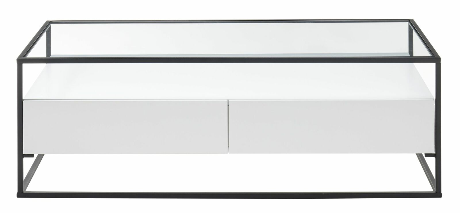 Moderner Couchtisch mit Glasplatte und schwarzem Metallrahmen, frontal betrachtet.