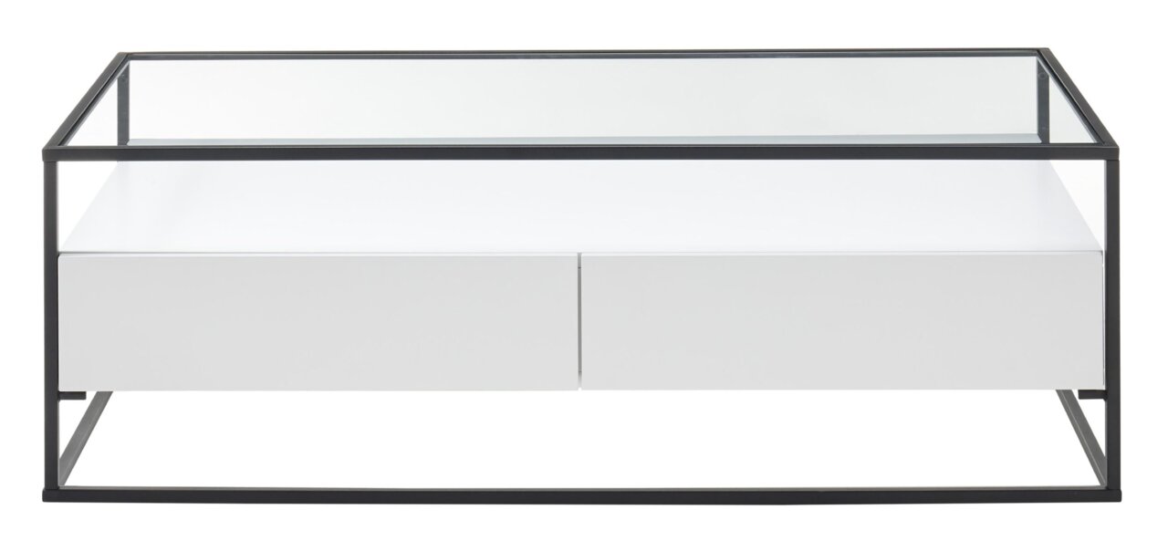 Moderner Couchtisch mit Glasplatte und schwarzem Metallrahmen, frontal betrachtet.