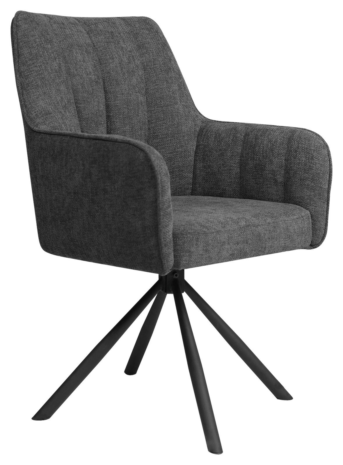 Grauer Armlehnstuhl mit gepolstertem Sitz und Rückenlehne, auf schwarzem Metallgestell, seitliche Perspektive