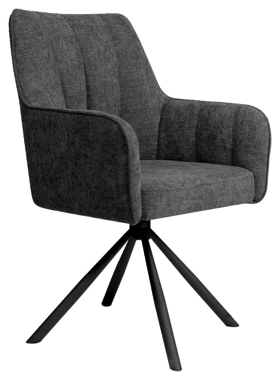 Grauer Armlehnstuhl mit gepolstertem Sitz und Rückenlehne, auf schwarzem Metallgestell, seitliche Perspektive