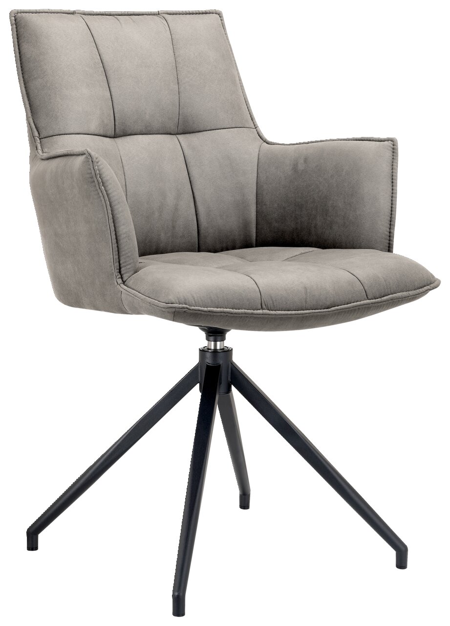 Grauer Sessel mit gepolstertem Sitz und Rückenlehne, auf einem schwarzen Metallgestell mit vier Beinen, seitliche Perspektive