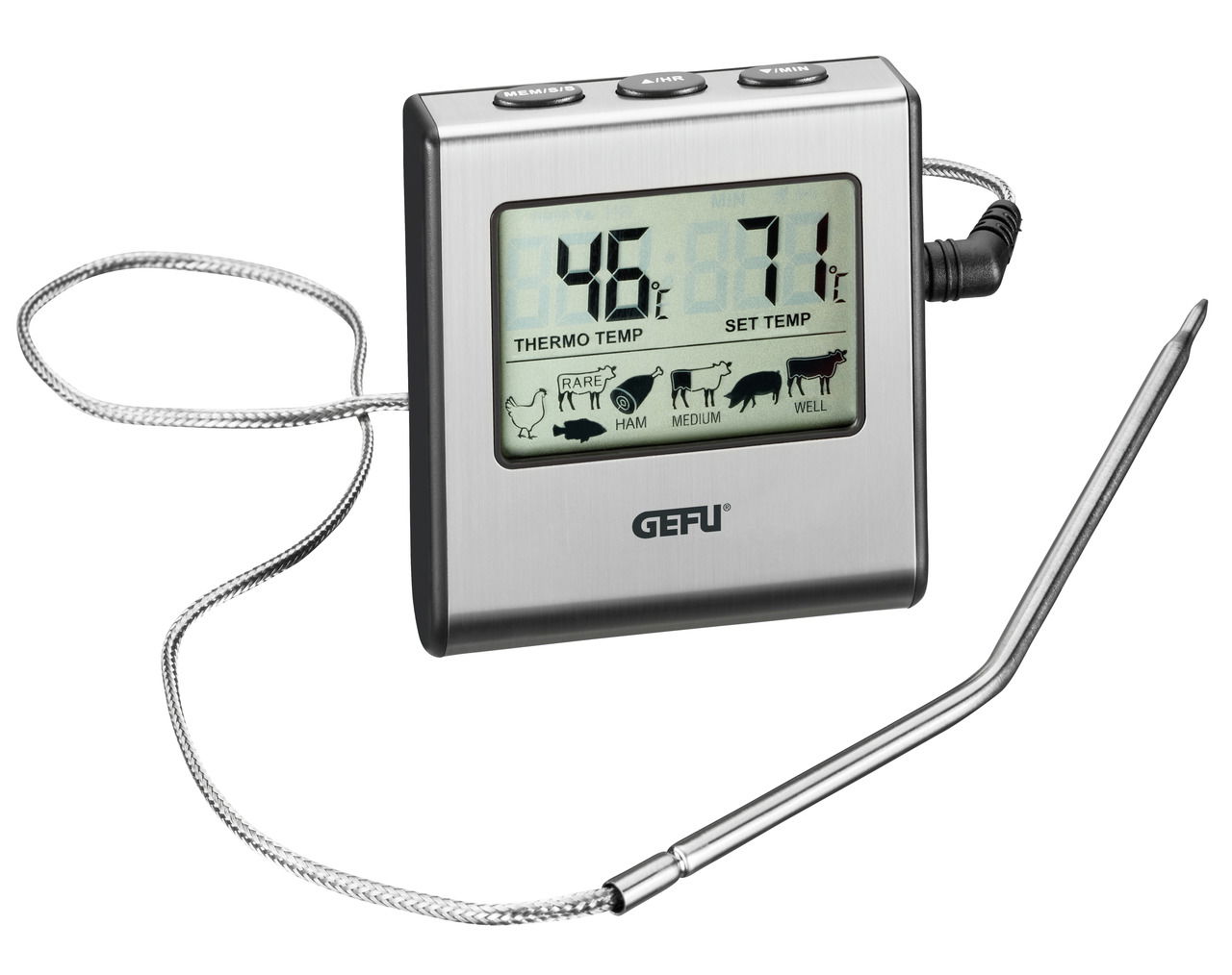 Digitales Bratenthermometer mit Edelstahlsonde und LCD-Anzeige, seitliche Perspektive