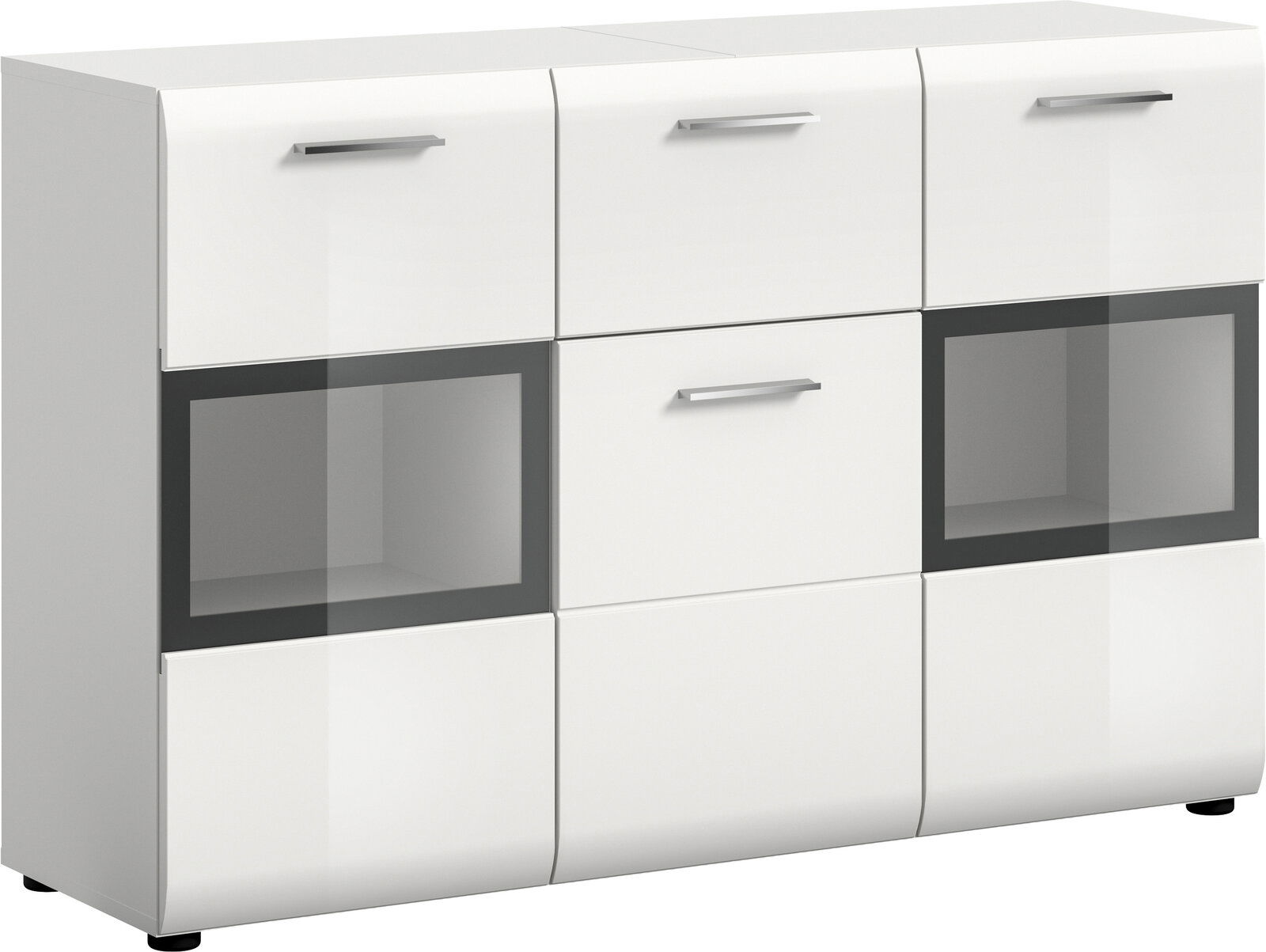 MID.YOU Sideboard ICE Weiße Hochglanz-Kommode/Sideboard mit drei Schubladen und zwei Glasvitrinenfächern, Metallgriffen und schwarzen Füßen, in schräger Frontansicht von links