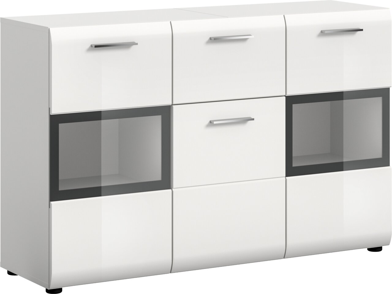 MID.YOU Sideboard ICE Weiße Hochglanz-Kommode/Sideboard mit drei Schubladen und zwei Glasvitrinenfächern, Metallgriffen und schwarzen Füßen, in schräger Frontansicht von links