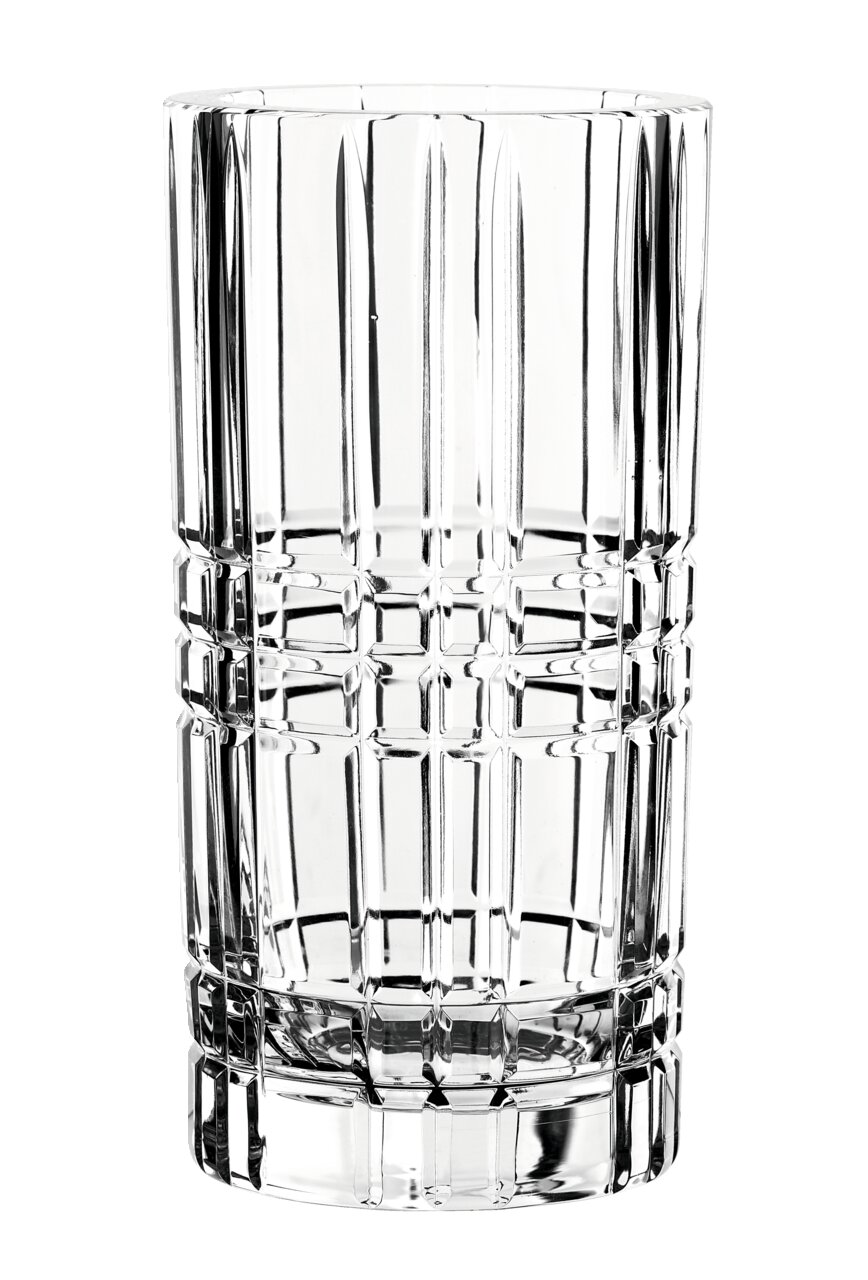 Klare Glasvase mit geometrischem Muster, seitliche Perspektive