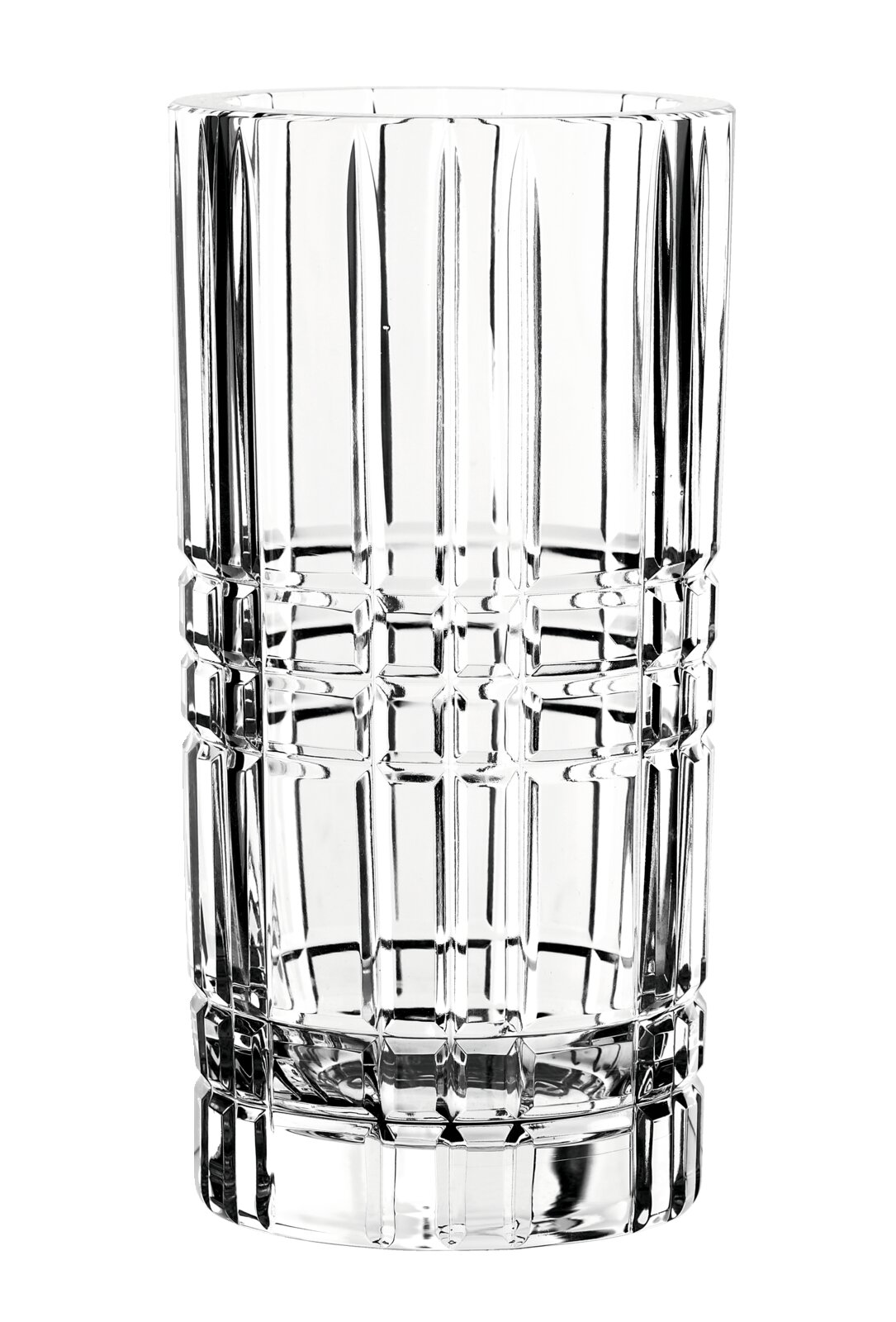 Klare Glasvase mit geometrischem Muster, seitliche Perspektive