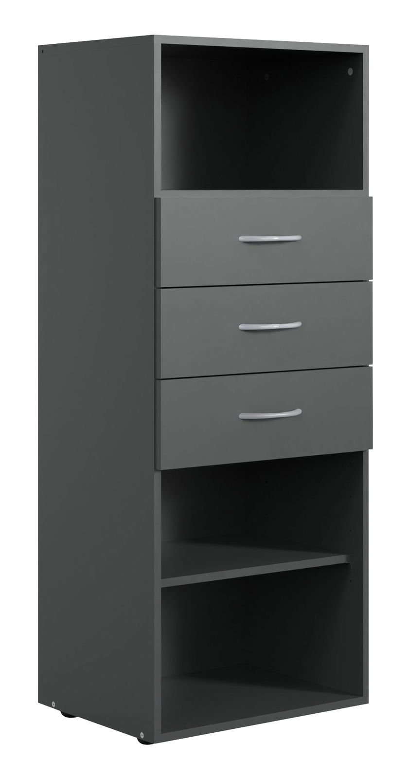 XORA Regal mittel MULTIRAUMKONZEPT Graues Regal mit drei Schubladen und zwei offenen Fächern, seitliche Perspektive