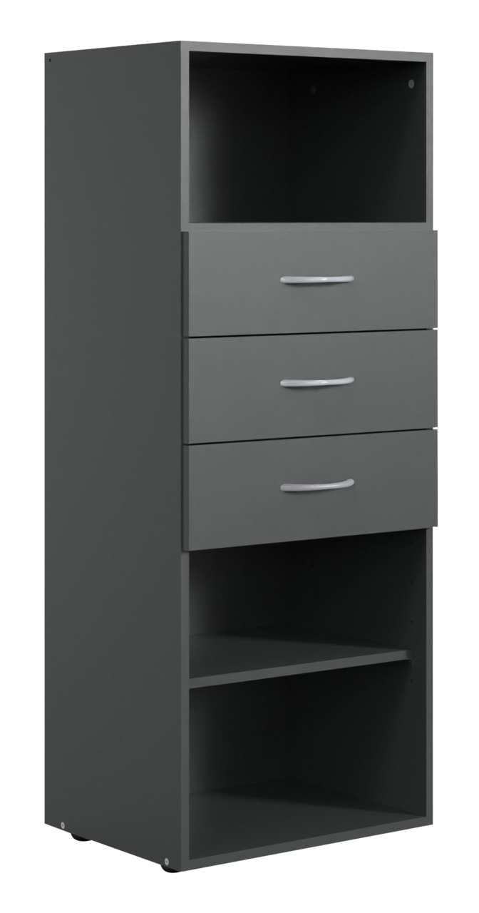 Graues Regal mit drei Schubladen und zwei offenen Fächern, seitliche Perspektive
