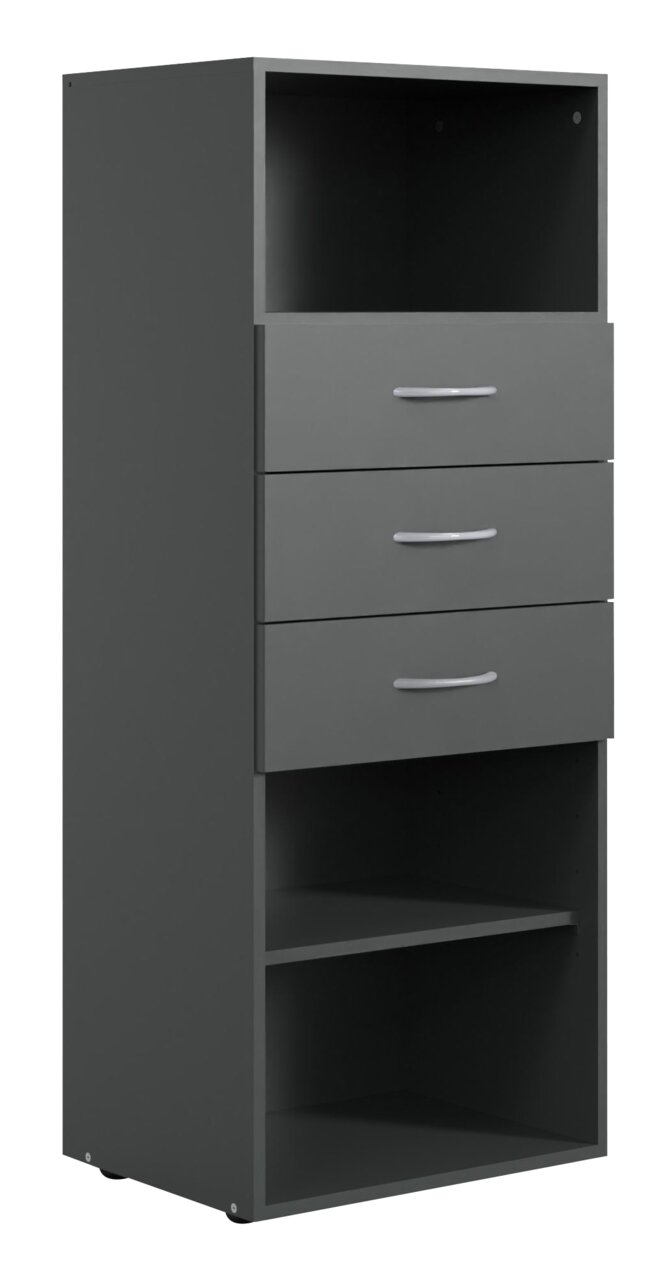 Graues Regal mit drei Schubladen und zwei offenen Fächern, seitliche Perspektive