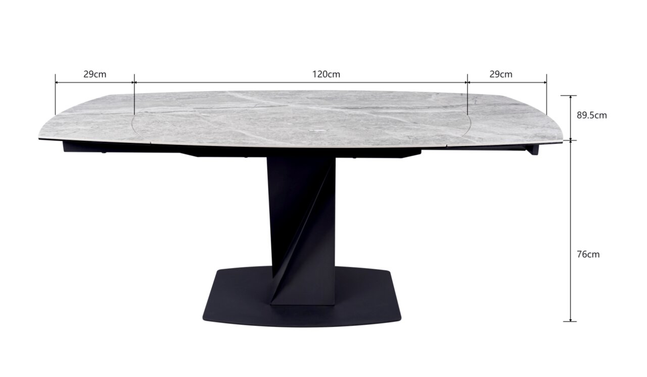 Moderner Esstisch mit grauer Tischplatte und schwarzem, geometrischem Fuß, seitliche Perspektive