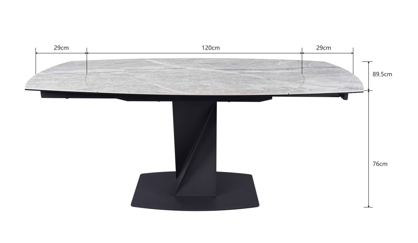 Moderner Esstisch mit grauer Tischplatte und schwarzem, geometrischem Fuß, seitliche Perspektive