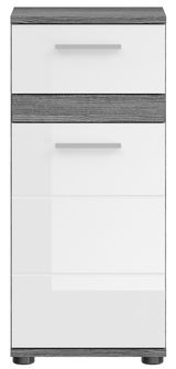 Frontansicht eines modernen, weißen Badezimmerschranks mit zwei Schubladen und grauen Holzdetails.