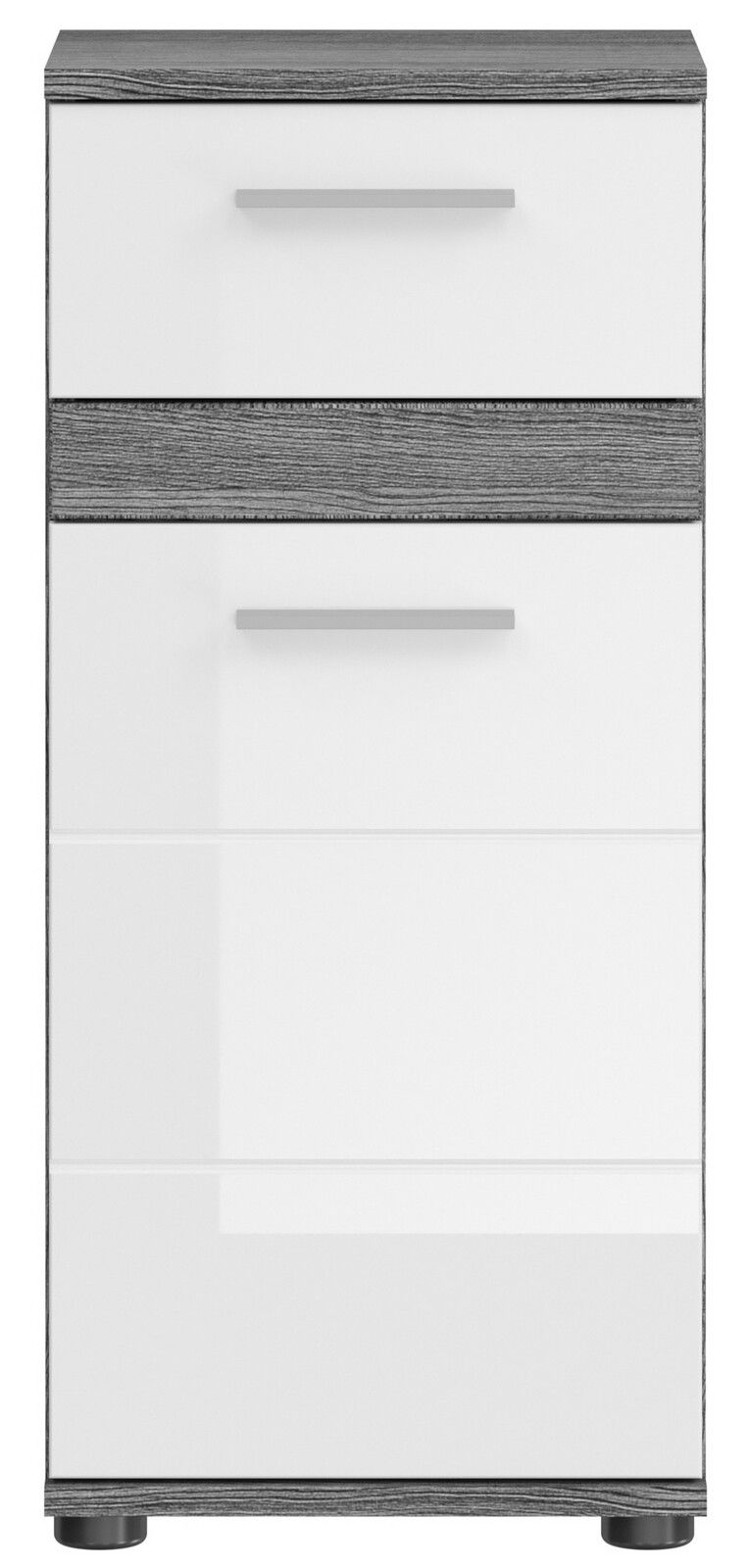 Frontansicht eines modernen, weißen Badezimmerschranks mit zwei Schubladen und grauen Holzdetails.