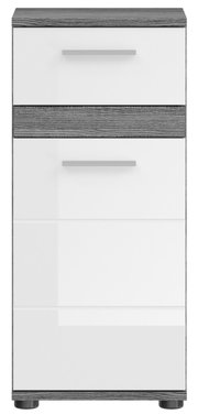 Frontansicht eines modernen, weißen Badezimmerschranks mit zwei Schubladen und grauen Holzdetails.