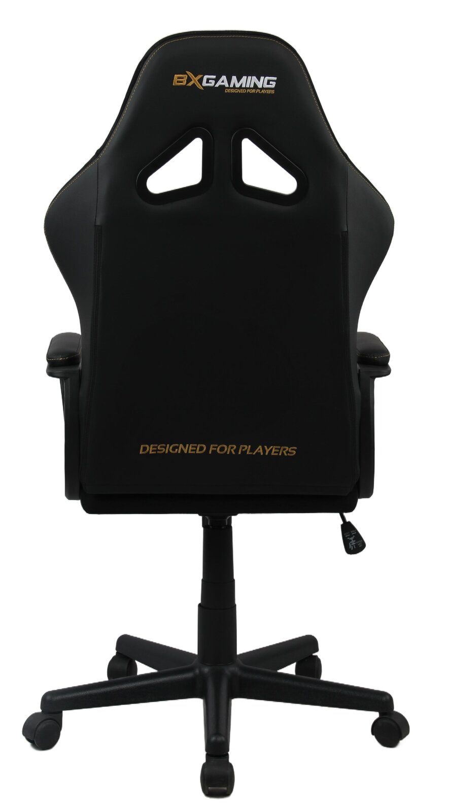 Rückansicht eines schwarzen Gaming-Stuhls mit Armlehnen und Rollen, mit der Aufschrift 'Designed for Players' und 'BXGaming' auf der Rückenlehne.