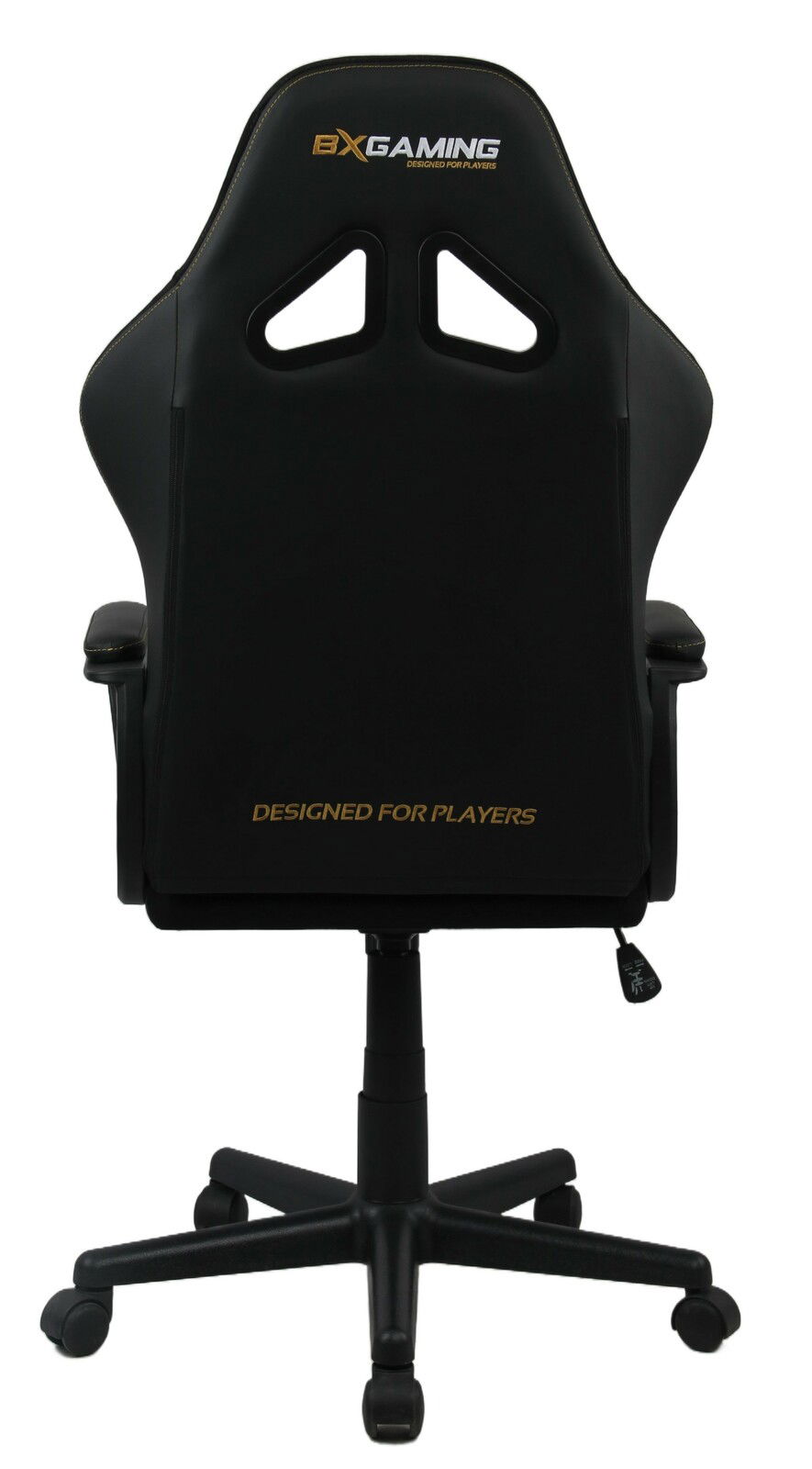 Rückansicht eines schwarzen Gaming-Stuhls mit Armlehnen und Rollen, mit der Aufschrift 'Designed for Players' und 'BXGaming' auf der Rückenlehne.