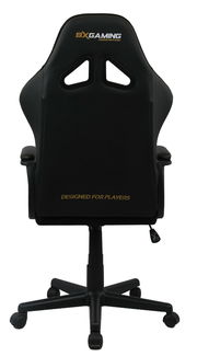 Rückansicht eines schwarzen Gaming-Stuhls mit Armlehnen und Rollen, mit der Aufschrift 'Designed for Players' und 'BXGaming' auf der Rückenlehne.