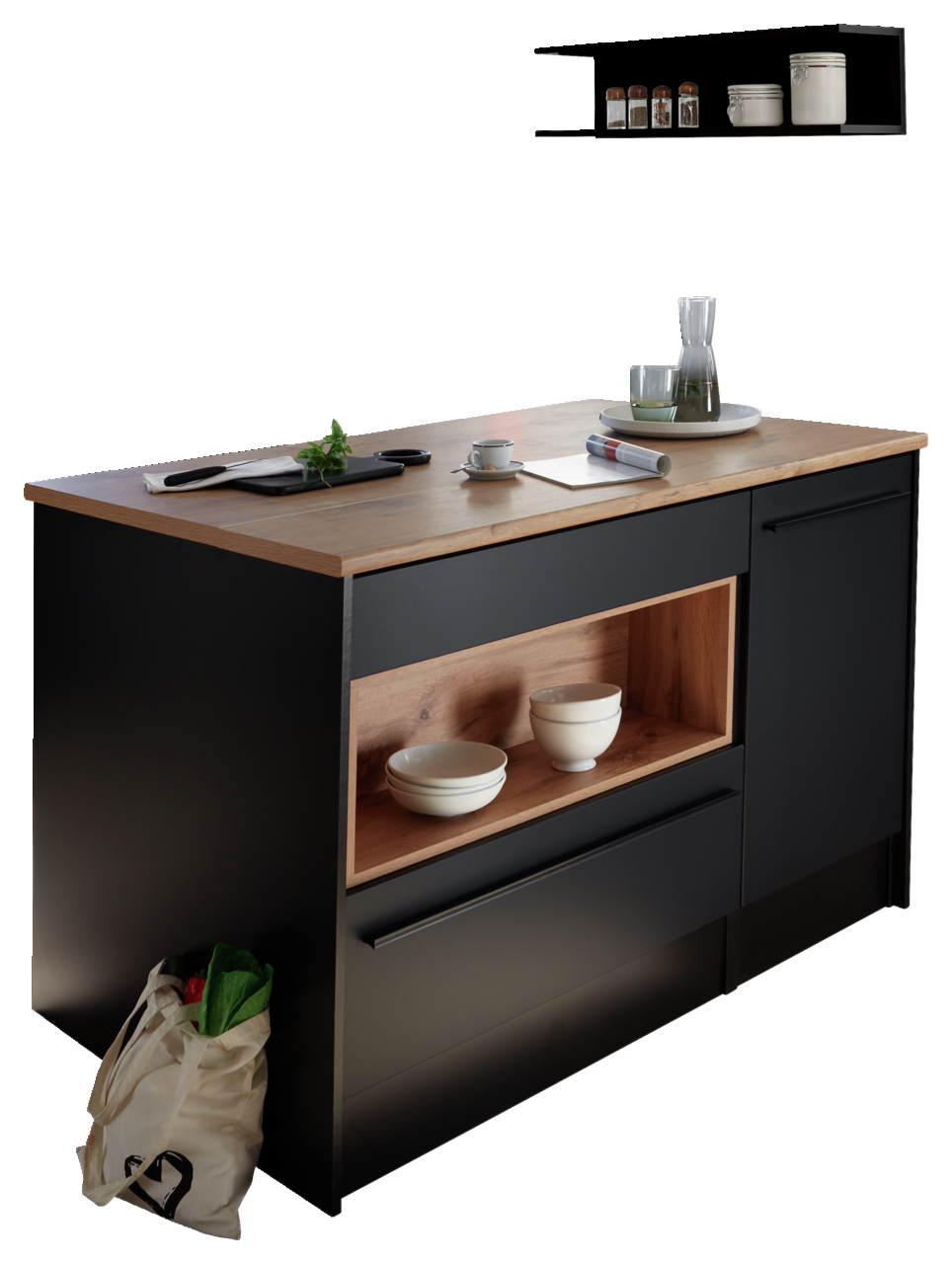 Smartkitchen Kücheninsel JAZZ Moderne Kücheninsel mit schwarzem Korpus und Holzarbeitsplatte, seitliche Perspektive. Integriertes Regal mit weißen Schalen und dekorativen Elementen auf der Arbeitsfläche.