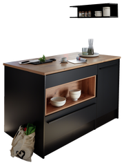 Moderne Kücheninsel mit schwarzem Korpus und Holzarbeitsplatte, seitliche Perspektive. Integriertes Regal mit weißen Schalen und dekorativen Elementen auf der Arbeitsfläche.