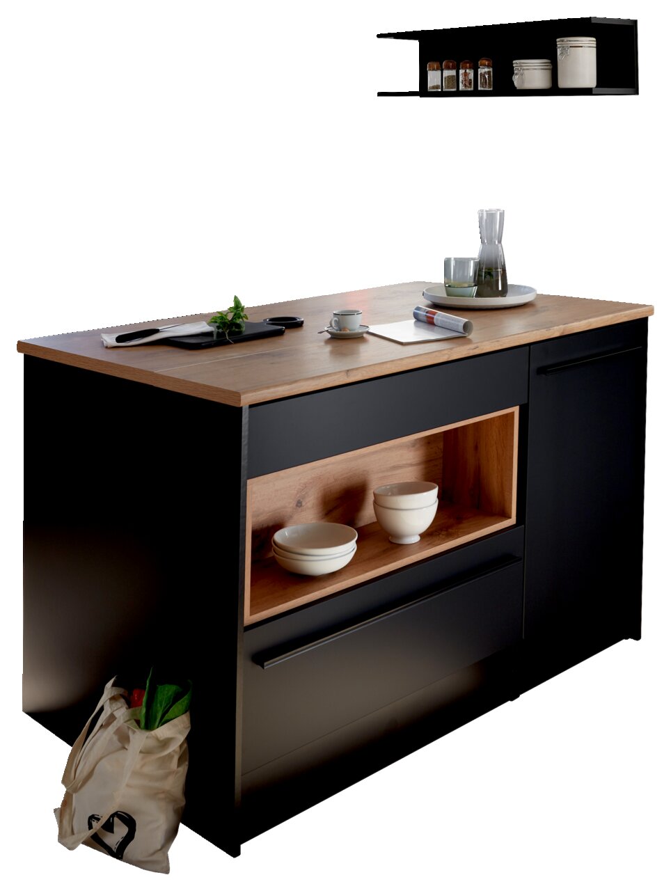 Smartkitchen Kücheninsel JAZZ Moderne Kücheninsel mit schwarzem Korpus und Holzarbeitsplatte, seitliche Perspektive. Integriertes Regal mit weißen Schalen und dekorativen Elementen auf der Arbeitsfläche.