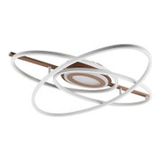 Moderne LED plafondlamp met drie overlappende witte lichtlussen en bronskleurige basis, weergegeven in schuin onderaanzicht (onderkant zichtbaar) op witte achtergrond.