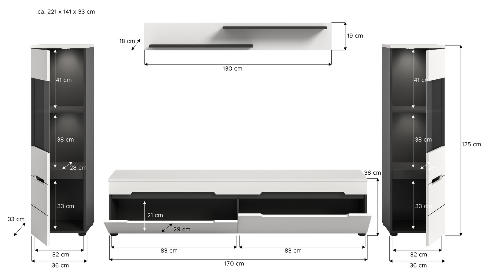 Maßskizze einer modernen Wohnwand in Weiß/Schwarz mit zwei hohen Vitrinenschränken, einem TV-Lowboard mit zwei Schubladen und einem Wandregal; dargestellt in Front- und Seitenansicht mit Bemaßungen (u. a. Gesamtmaß ca. 221 × 141 × 33 cm).
