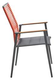 Moderner Sessel mit roter Rückenlehne und grauem Sitz, seitliche Perspektive