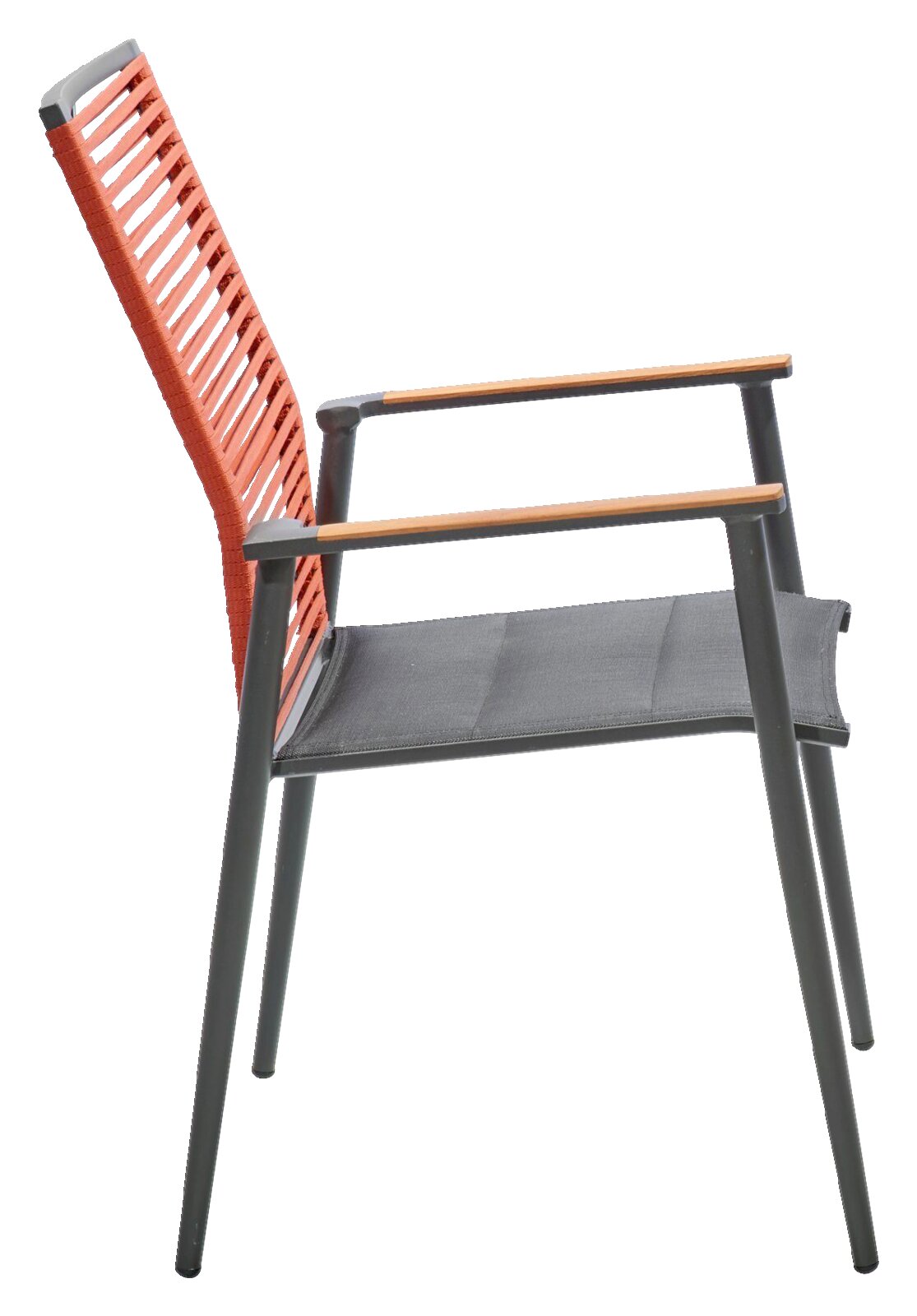 Moderne fauteuil met rode rugleuning en grijze zitting, zijaanzicht