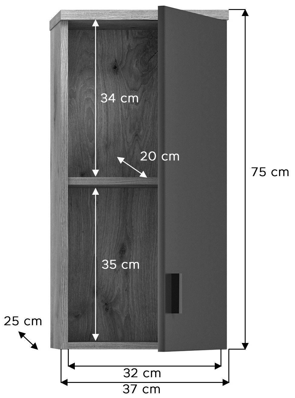 Hängeschrank mit einer Tür, Holzoptik, Maße: 75 cm hoch, 37 cm breit, 25 cm tief, Frontansicht