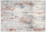Moderner Designer-Teppich mit abstraktem Muster in Grau, Blau und Rot, Draufsicht