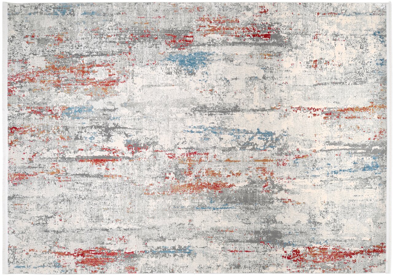 Moderner Designer-Teppich mit abstraktem Muster in Grau, Blau und Rot, Draufsicht