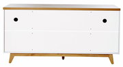 Frontansicht eines modernen Sideboards mit weißer Front und Holzdetails.