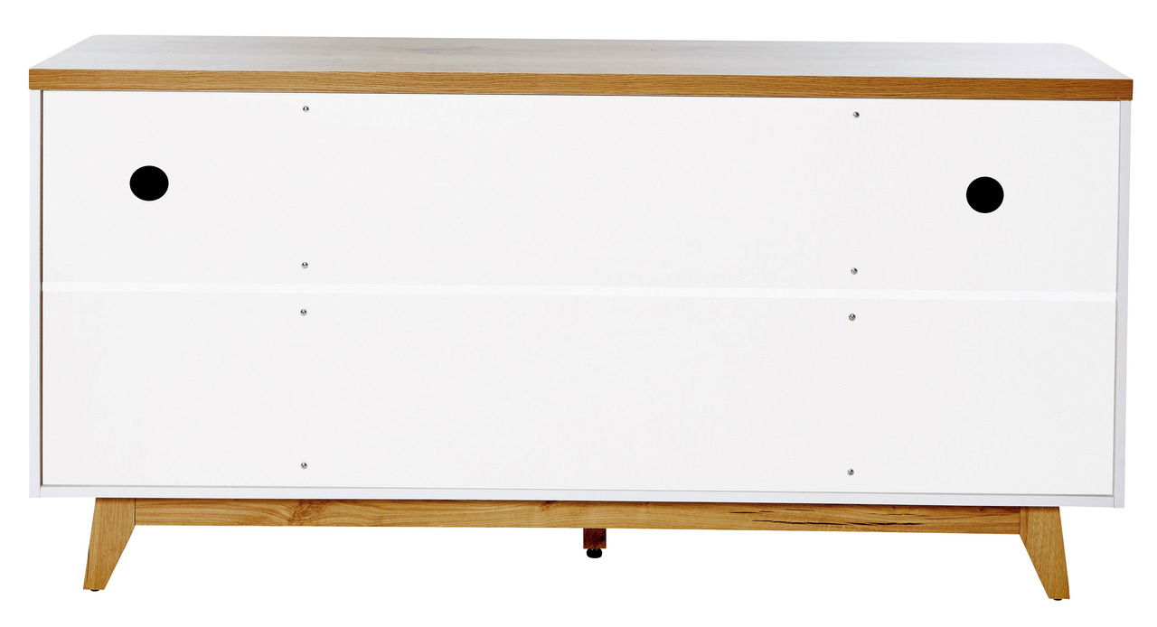 Frontansicht eines modernen Sideboards mit weißer Front und Holzdetails.