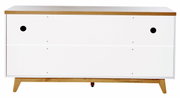 Frontansicht eines modernen Sideboards mit weißer Front und Holzdetails.