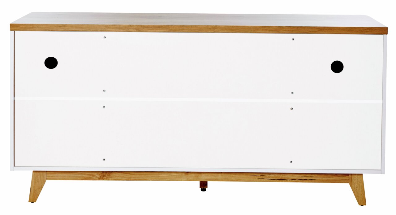 Vooraanzicht van een modern dressoir met een witte voorkant en houten details.