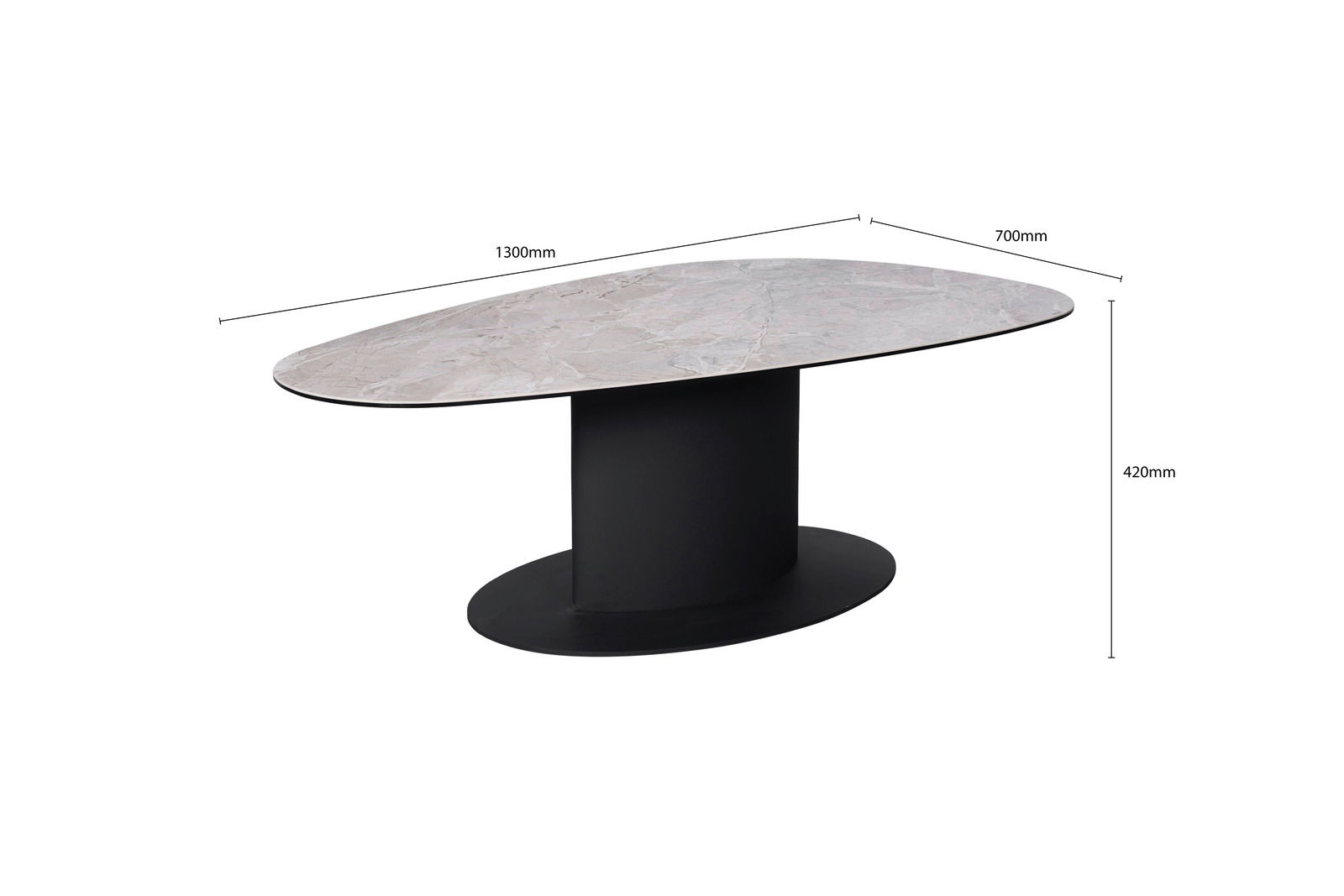 Moderner Couchtisch mit ovaler Marmorplatte und schwarzem Sockel, seitliche Perspektive.