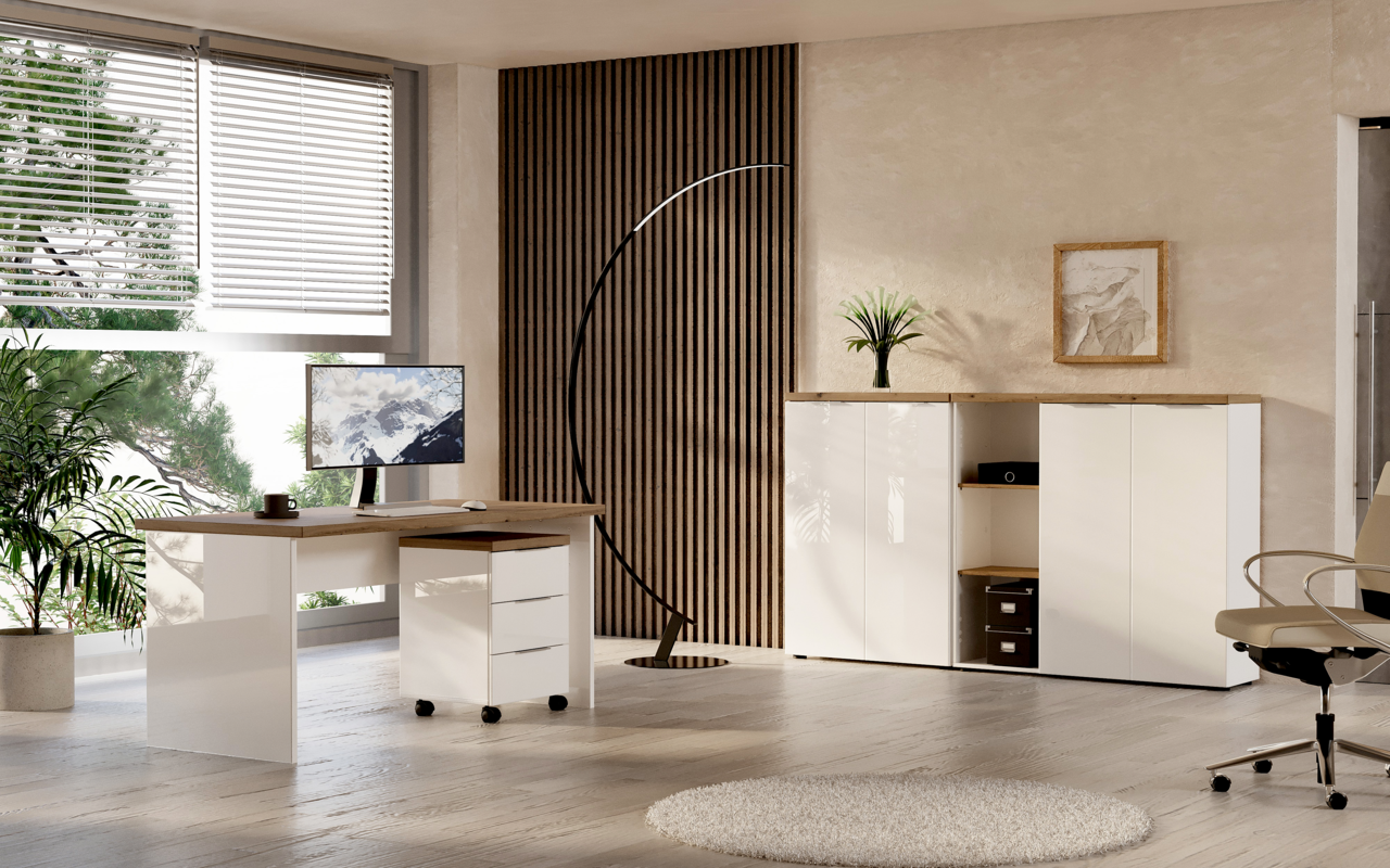 XORA XL-Aktenschrank niedrig IDEA-OFFICE Moderner Büroraum mit Eckschreibtisch und Rollcontainer, seitliche Perspektive