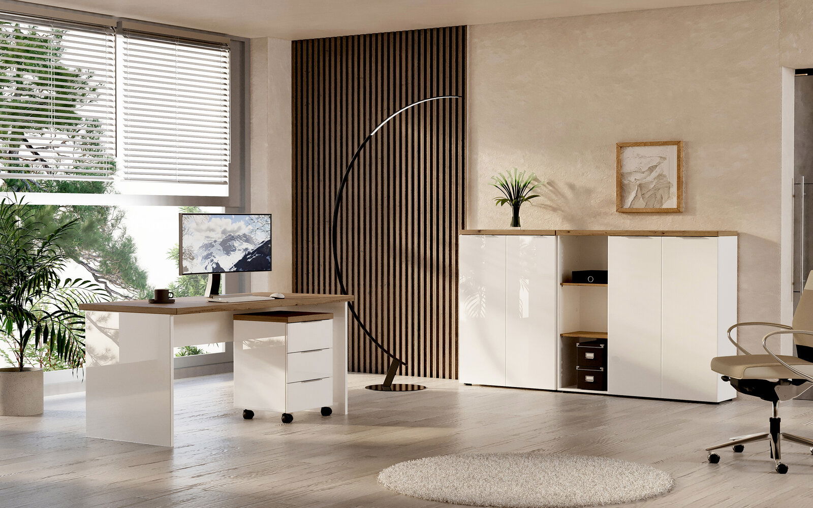 XORA XL-Aktenschrank niedrig IDEA-OFFICE Moderner Büroraum mit Eckschreibtisch und Rollcontainer, seitliche Perspektive