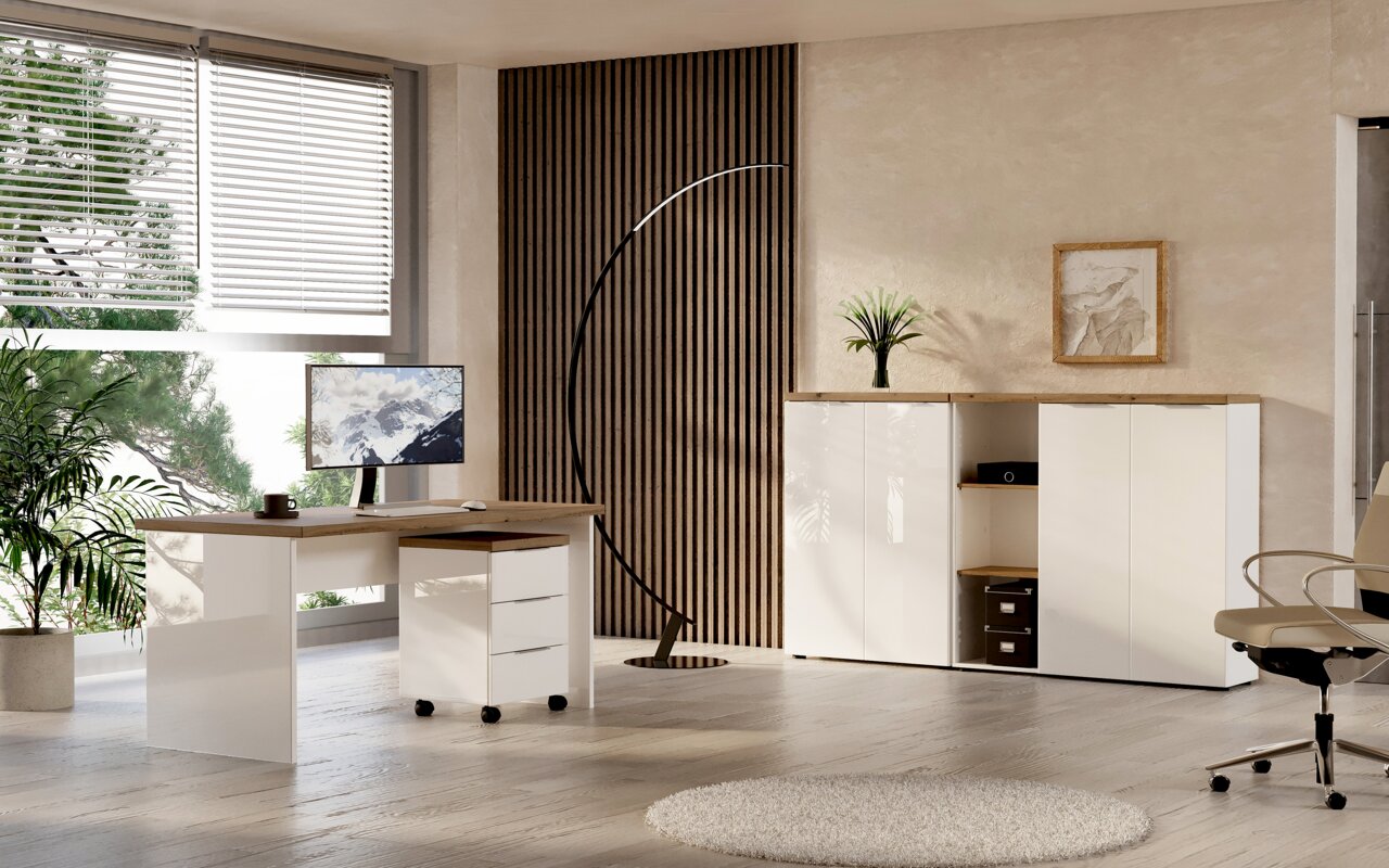 XORA XL-Aktenschrank niedrig IDEA-OFFICE Moderner Büroraum mit Eckschreibtisch und Rollcontainer, seitliche Perspektive