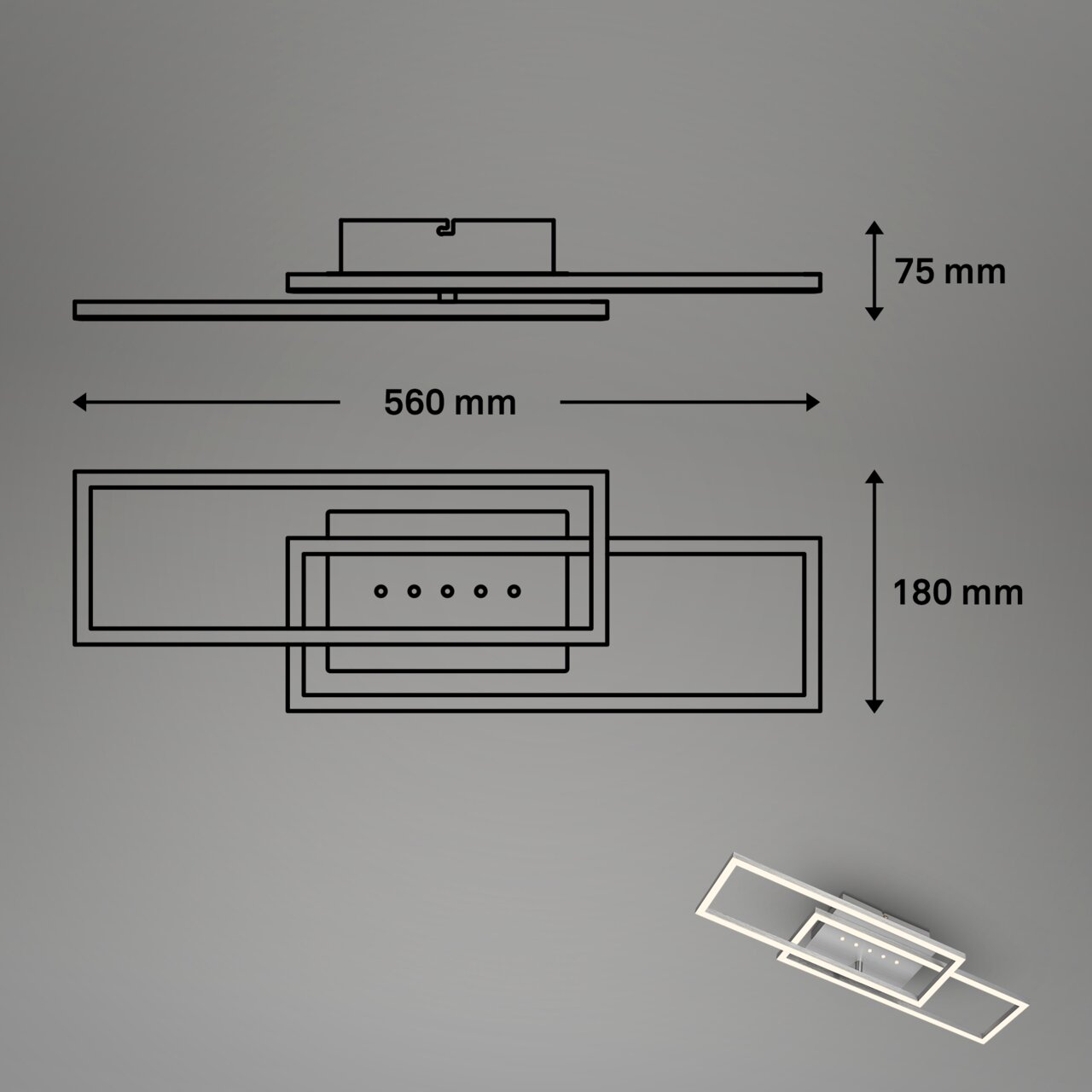 LED Deckenleuchte mit LEDDots, seitliche und obere Ansicht, Maße: 560 mm x 180 mm x 75 mm