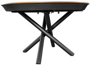 Moderner Esstisch mit runder Holzplatte und schwarzem, überkreuztem Metallgestell, seitliche Perspektive