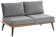 Graue 2-Sitzer Loungebank mit Holzrahmen und schwarzen Beinen, seitliche Perspektive
