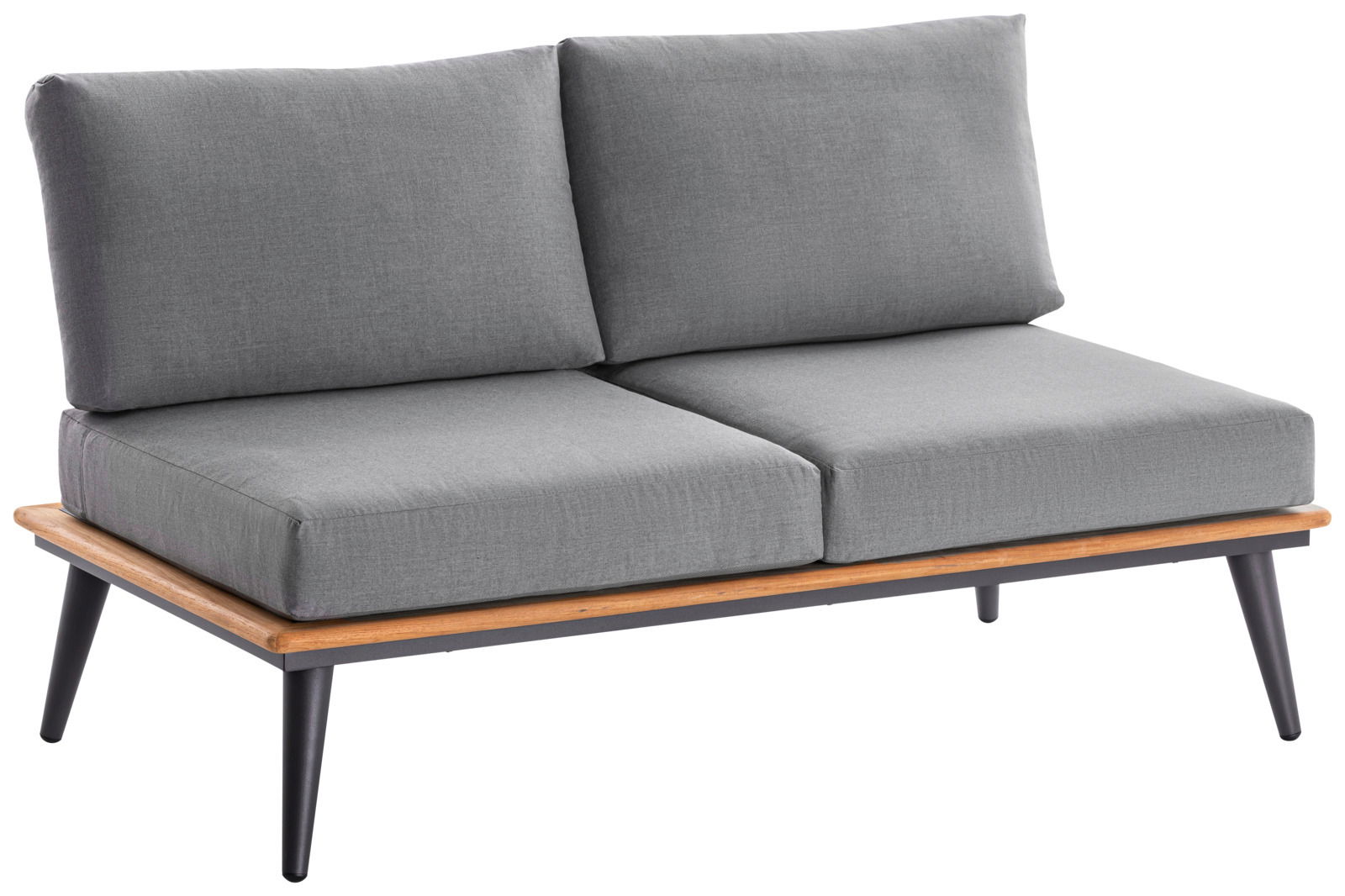 Graue 2-Sitzer Loungebank mit Holzrahmen und schwarzen Beinen, seitliche Perspektive