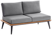 Grijze tweezits loungebank met houten frame en zwarte poten, zijaanzicht